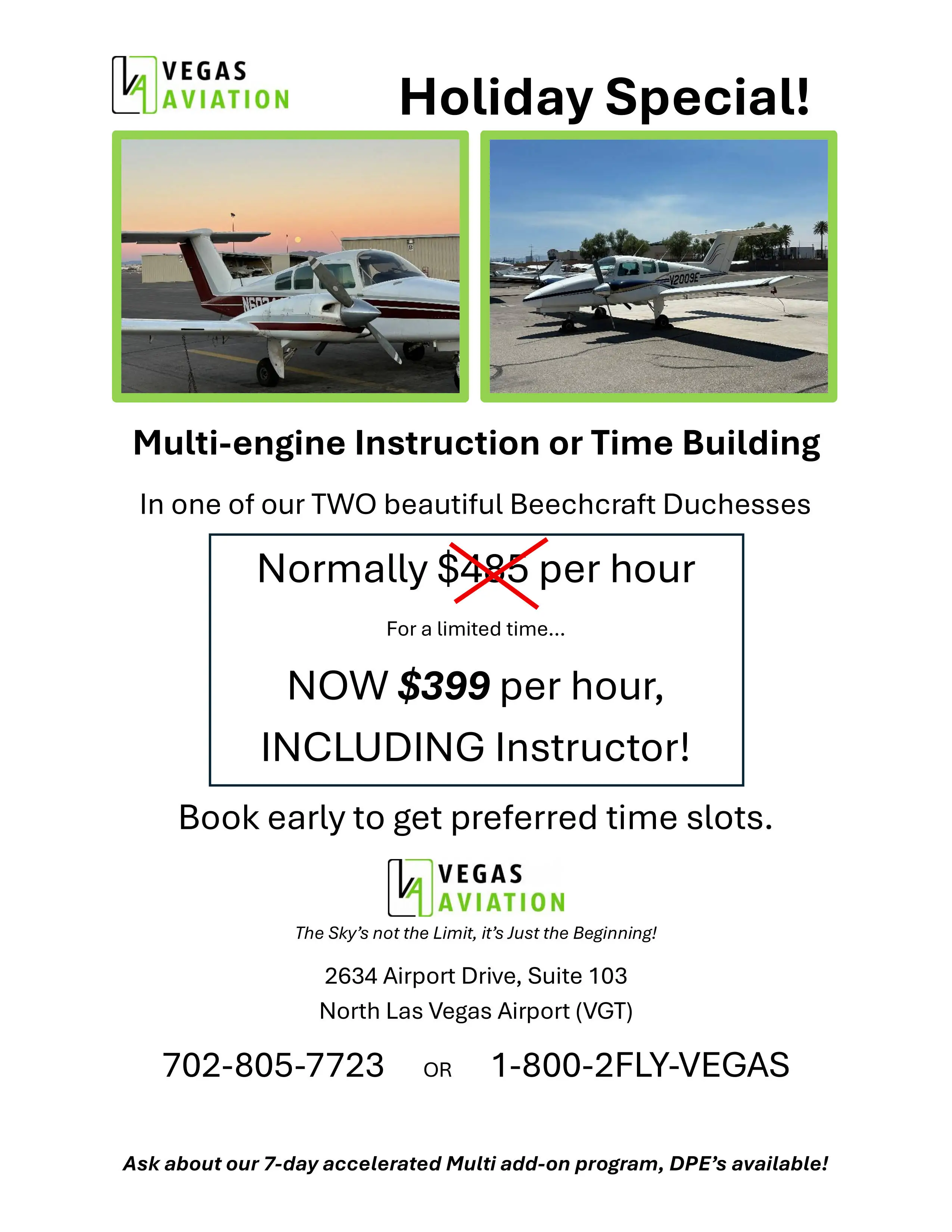 Holiday-themed poster promoting multi-engine training discount