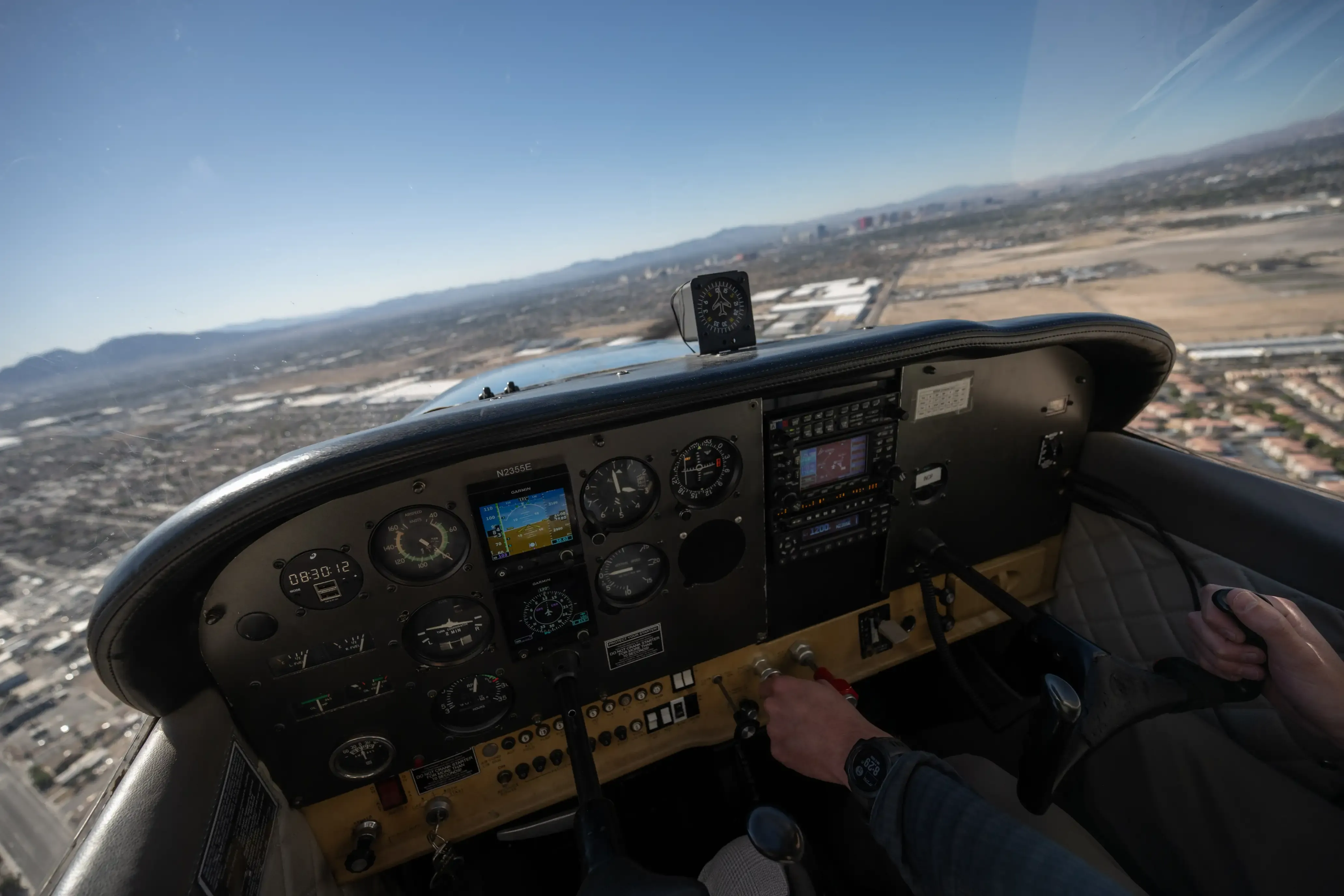 Cockpit instrument panel of flying airplane
