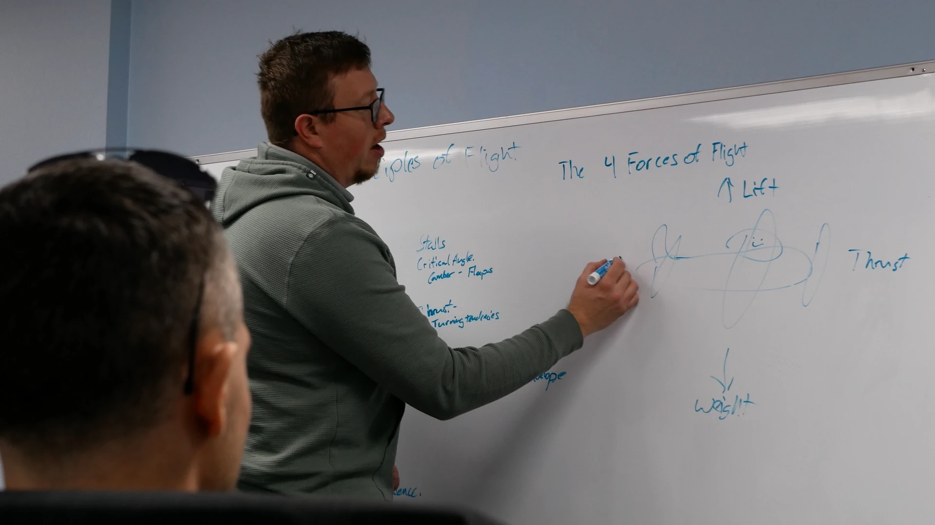 Instructor writing on whiteboard with student in the foreground